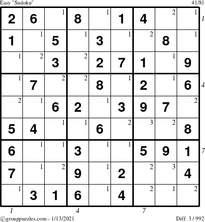 The grouppuzzles.com Easy Sudoku puzzle for Wednesday January 13, 2021, suitable for printing, with all 3 steps marked