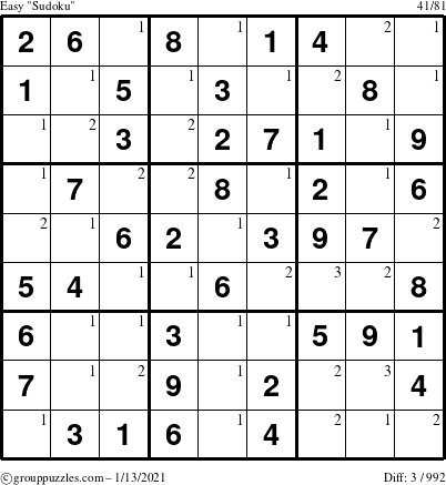 The grouppuzzles.com Easy Sudoku puzzle for Wednesday January 13, 2021 with the first 3 steps marked