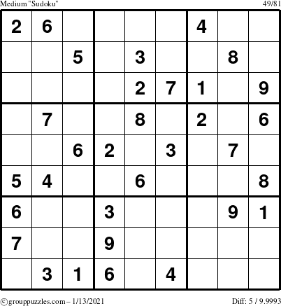 The grouppuzzles.com Medium Sudoku puzzle for Wednesday January 13, 2021