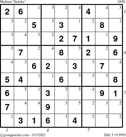 The grouppuzzles.com Medium Sudoku puzzle for Wednesday January 13, 2021 with all 5 steps marked