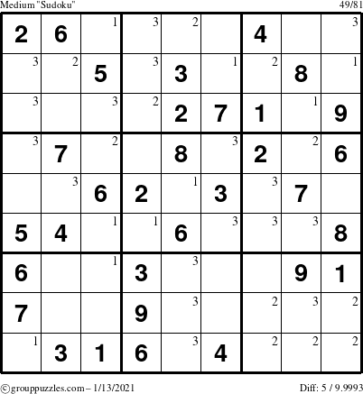 The grouppuzzles.com Medium Sudoku puzzle for Wednesday January 13, 2021 with the first 3 steps marked