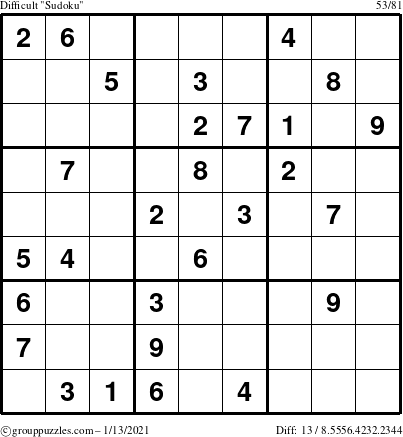 The grouppuzzles.com Difficult Sudoku puzzle for Wednesday January 13, 2021