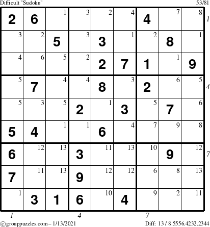 The grouppuzzles.com Difficult Sudoku puzzle for Wednesday January 13, 2021 with all 13 steps marked