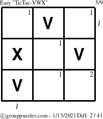 The grouppuzzles.com Easy TicTac-VWX puzzle for Wednesday January 13, 2021 with all 2 steps marked