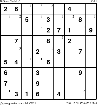 The grouppuzzles.com Difficult Sudoku puzzle for Wednesday January 13, 2021 with the first 3 steps marked