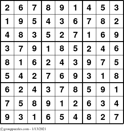 The grouppuzzles.com Answer grid for the Sudoku puzzle for Wednesday January 13, 2021