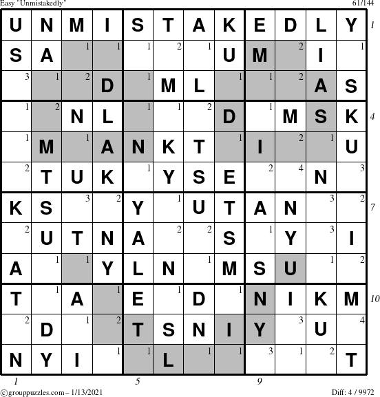 The grouppuzzles.com Easy Unmistakedly puzzle for Wednesday January 13, 2021 with all 4 steps marked