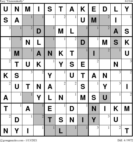 The grouppuzzles.com Easy Unmistakedly puzzle for Wednesday January 13, 2021 with the first 3 steps marked