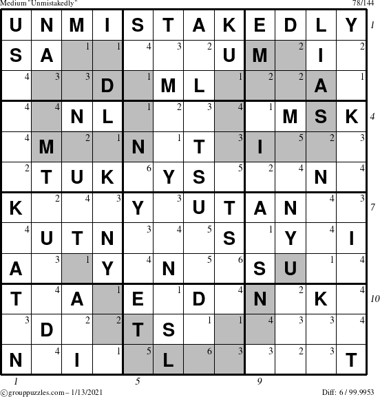 The grouppuzzles.com Medium Unmistakedly puzzle for Wednesday January 13, 2021, suitable for printing, with all 6 steps marked