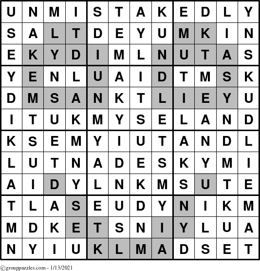 The grouppuzzles.com Answer grid for the Unmistakedly puzzle for Wednesday January 13, 2021