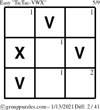 The grouppuzzles.com Easy TicTac-VWX puzzle for Wednesday January 13, 2021 with the first 2 steps marked