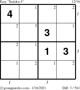 The grouppuzzles.com Easy Sudoku-4 puzzle for Saturday January 16, 2021 with all 3 steps marked