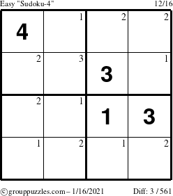 The grouppuzzles.com Easy Sudoku-4 puzzle for Saturday January 16, 2021 with the first 3 steps marked