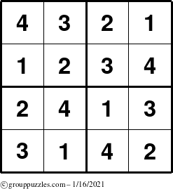 The grouppuzzles.com Answer grid for the Sudoku-4 puzzle for Saturday January 16, 2021