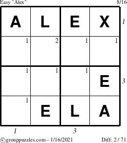 The grouppuzzles.com Easy Alex puzzle for Saturday January 16, 2021 with all 2 steps marked