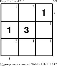 The grouppuzzles.com Easy TicTac-123 puzzle for Saturday January 16, 2021 with all 2 steps marked