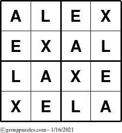 The grouppuzzles.com Answer grid for the Alex puzzle for Saturday January 16, 2021