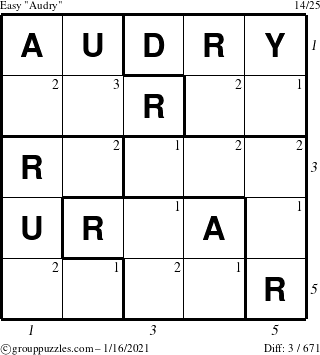 The grouppuzzles.com Easy Audry puzzle for Saturday January 16, 2021 with all 3 steps marked