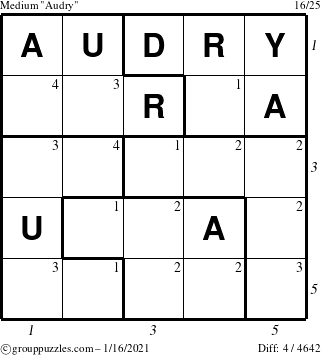 The grouppuzzles.com Medium Audry puzzle for Saturday January 16, 2021 with all 4 steps marked