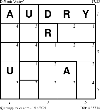 The grouppuzzles.com Difficult Audry puzzle for Saturday January 16, 2021, suitable for printing, with all 4 steps marked