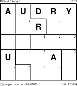 The grouppuzzles.com Difficult Audry puzzle for Saturday January 16, 2021 with the first 3 steps marked