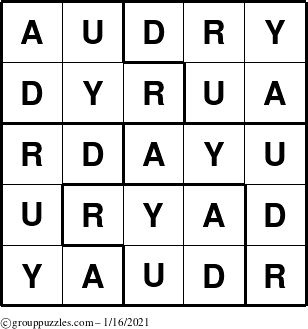 The grouppuzzles.com Answer grid for the Audry puzzle for Saturday January 16, 2021