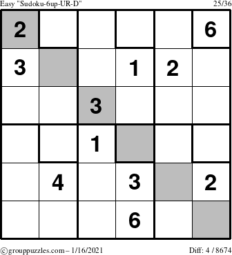 The grouppuzzles.com Easy Sudoku-6up-UR-D puzzle for Saturday January 16, 2021