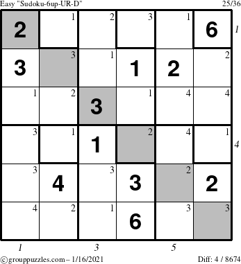 The grouppuzzles.com Easy Sudoku-6up-UR-D puzzle for Saturday January 16, 2021, suitable for printing, with all 4 steps marked