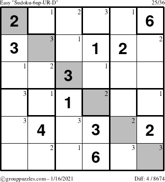 The grouppuzzles.com Easy Sudoku-6up-UR-D puzzle for Saturday January 16, 2021 with the first 3 steps marked