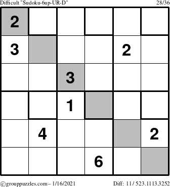 The grouppuzzles.com Difficult Sudoku-6up-UR-D puzzle for Saturday January 16, 2021