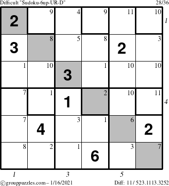 The grouppuzzles.com Difficult Sudoku-6up-UR-D puzzle for Saturday January 16, 2021 with all 11 steps marked