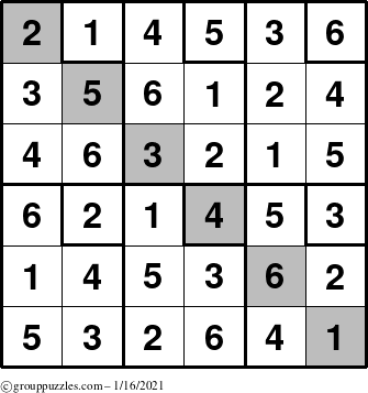 The grouppuzzles.com Answer grid for the Sudoku-6up-UR-D puzzle for Saturday January 16, 2021