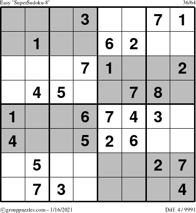 The grouppuzzles.com Easy SuperSudoku-8 puzzle for Saturday January 16, 2021