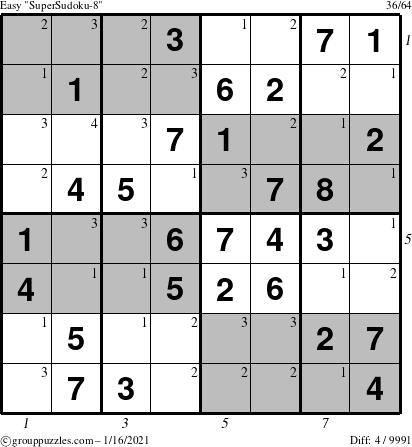 The grouppuzzles.com Easy SuperSudoku-8 puzzle for Saturday January 16, 2021, suitable for printing, with all 4 steps marked