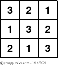 The grouppuzzles.com Answer grid for the TicTac-123 puzzle for Saturday January 16, 2021