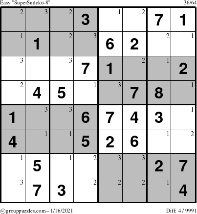 The grouppuzzles.com Easy SuperSudoku-8 puzzle for Saturday January 16, 2021 with the first 3 steps marked