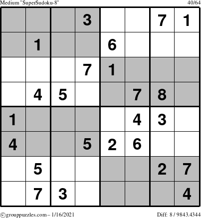 The grouppuzzles.com Medium SuperSudoku-8 puzzle for Saturday January 16, 2021