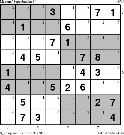 The grouppuzzles.com Medium SuperSudoku-8 puzzle for Saturday January 16, 2021 with all 8 steps marked