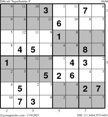 The grouppuzzles.com Difficult SuperSudoku-8 puzzle for Saturday January 16, 2021 with all 12 steps marked