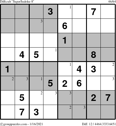 The grouppuzzles.com Difficult SuperSudoku-8 puzzle for Saturday January 16, 2021 with the first 3 steps marked