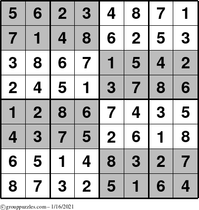 The grouppuzzles.com Answer grid for the SuperSudoku-8 puzzle for Saturday January 16, 2021