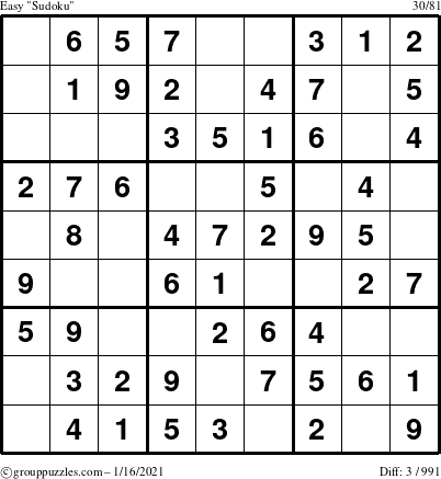 The grouppuzzles.com Easy Sudoku puzzle for Saturday January 16, 2021