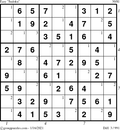 The grouppuzzles.com Easy Sudoku puzzle for Saturday January 16, 2021, suitable for printing, with all 3 steps marked