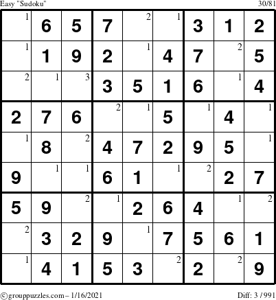 The grouppuzzles.com Easy Sudoku puzzle for Saturday January 16, 2021 with the first 3 steps marked