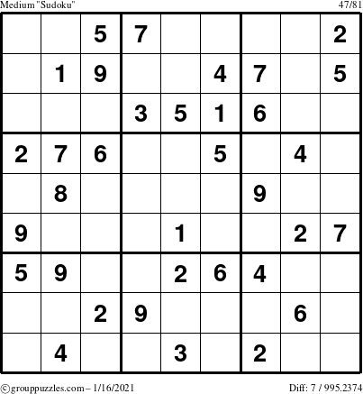 The grouppuzzles.com Medium Sudoku puzzle for Saturday January 16, 2021