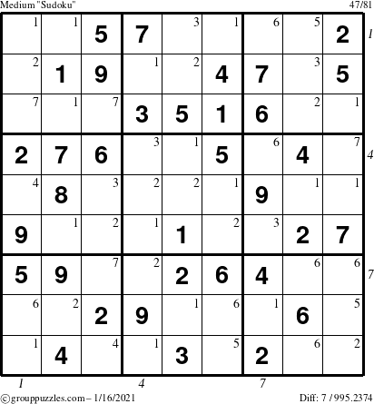 The grouppuzzles.com Medium Sudoku puzzle for Saturday January 16, 2021, suitable for printing, with all 7 steps marked