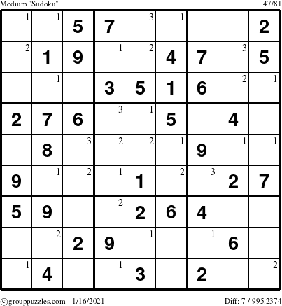 The grouppuzzles.com Medium Sudoku puzzle for Saturday January 16, 2021 with the first 3 steps marked