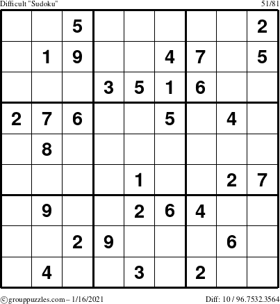 The grouppuzzles.com Difficult Sudoku puzzle for Saturday January 16, 2021