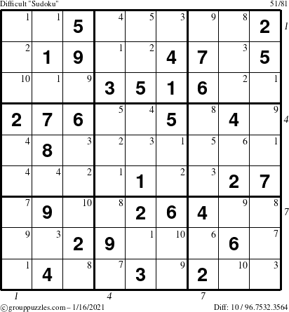 The grouppuzzles.com Difficult Sudoku puzzle for Saturday January 16, 2021 with all 10 steps marked