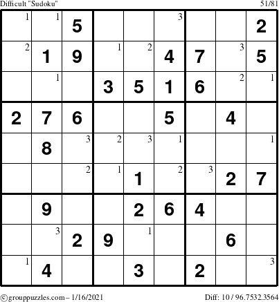 The grouppuzzles.com Difficult Sudoku puzzle for Saturday January 16, 2021 with the first 3 steps marked